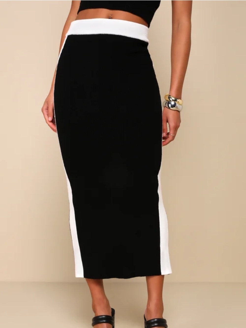 Lulus Flirtatious Finesse Black Color Block Ribbed Knit Midi Skirt